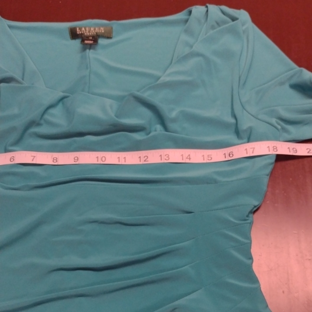 Lauren Ralph Lauren Asymmetrical Ruched Cowl Neck Dress in Blue Green - Picture 9 of 15